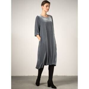 GRIZAS Silver Velvet Midi Dress NEW Medium 3/4 sleeve pockets lagenlook holiday